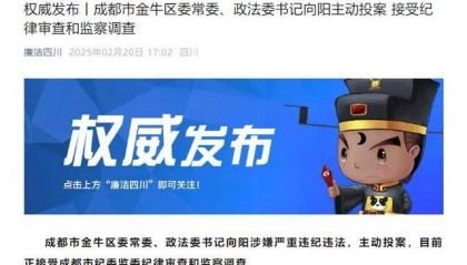 主动投案!成都市金牛区委常委、政法委书记向阳接受审查调查